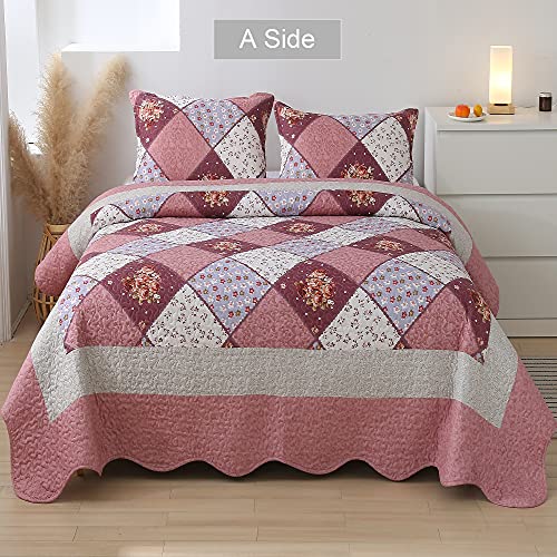 Pink Quilt Set Full Queen Size Patchwork Quilted Bedspread Coverlet Set 3-Piece Floral Reversible Lightweight Stitched Comforter Bedding Set Bed Sheet Cover Blanket With 2 Pillow Shams For All Season #TOP2