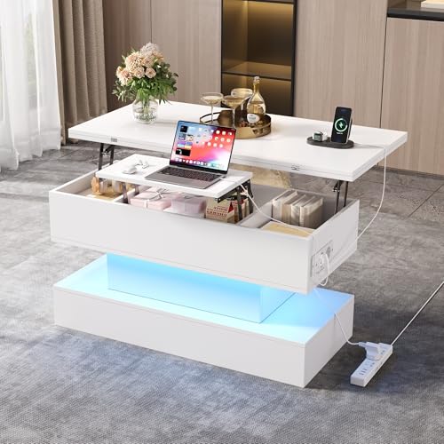 100*50*51.5cm Couchtisch mit Steckdose,USB-C &USB-Ladebuchse,multifunktionaler Wohnzimmer tisch mit LED, anhebbarer Kaffeetish, höhenverstellbar Sofatisch,Beistelltisch und Esstisch mit Stauraum,Weiß