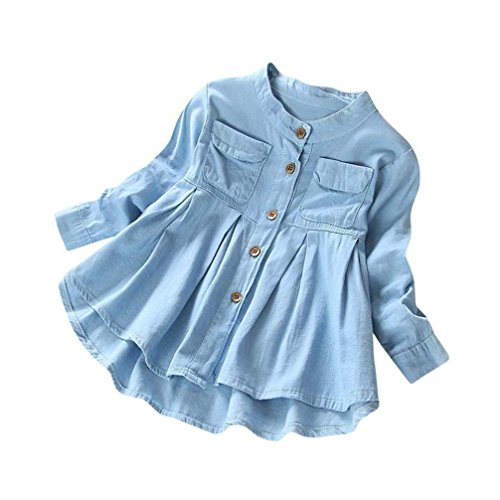 Preisvergleich Produktbild Hirolan Kinderbekleidung Jeanshemd Frühling Sommer Boyfriend Langarm Revers Jeansbluse Kleinkind Baby Kleidung Kind Mädchen Denim Gerafft Lange Ärmel T-Shirt Oberteile Bluse (3T, Blau)