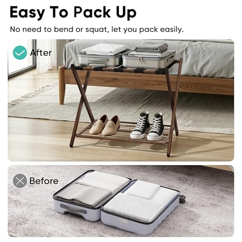 Smuxee Fully Assembled Walnut Grain Luggage Rack, Foldable Iron Suitcase Stand with 5 Nylon Straps, Luggage Holder with Shelf for Guest Room Bedroom Hotel - Image 6