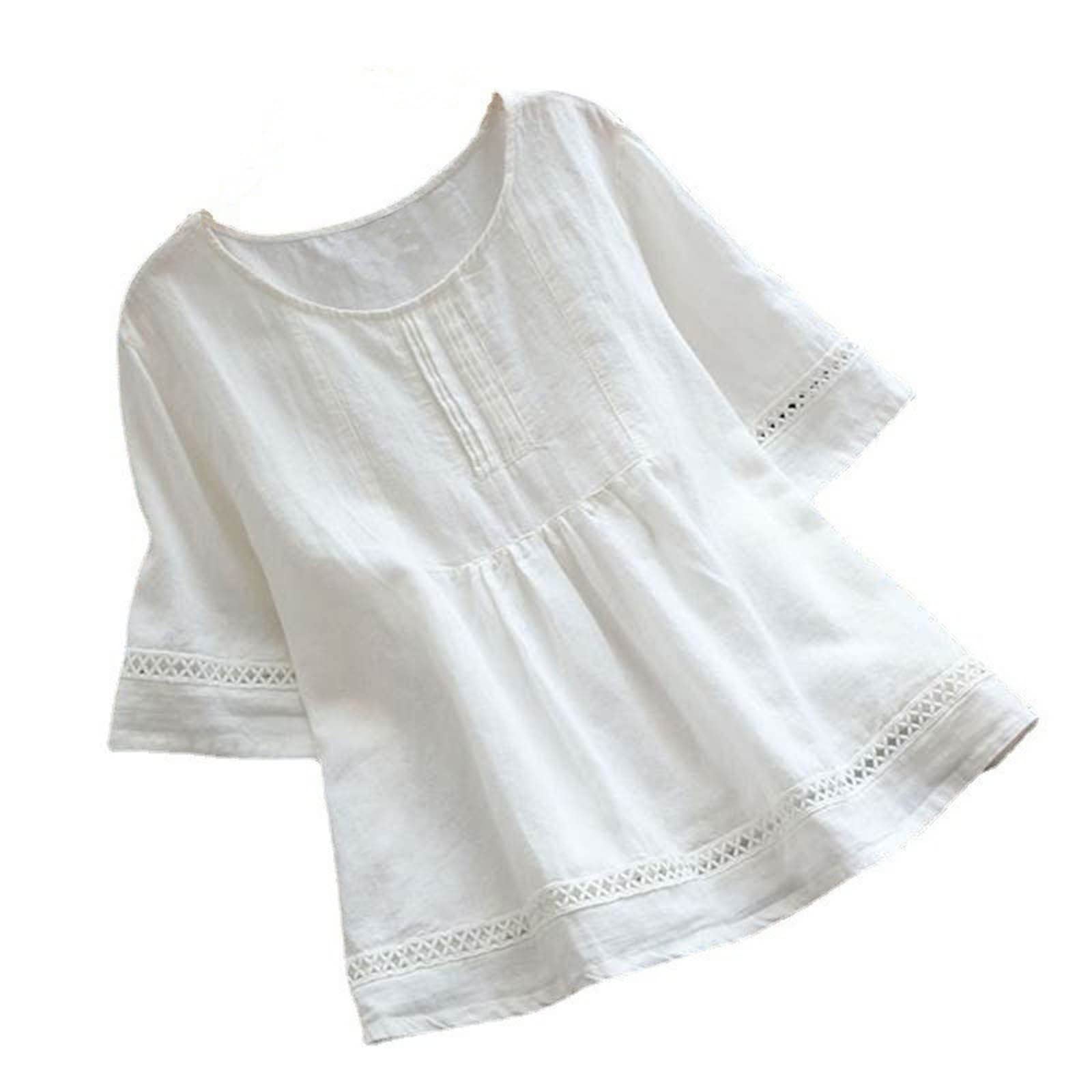 NUSGEAR 2023 Camiseta de Manga Corta Mujer, Verano algodón y Lino Colores sólidos Blusa Camisa Cuello Redondo Camiseta Suelto Elegante Tops Casual T-Shirt Original tee cómodo Basic Playa Vacaciones