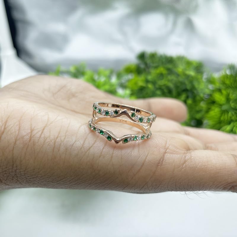 Green Emerald & White Diamond V Shaped Enhancer Guard For Women, 14k Gold Finish May Birthstone Green Emerald Wrap Ring, Anniversary Band