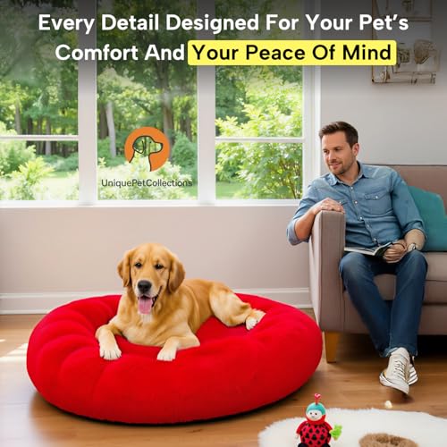 Image of Fabric Fluffy Washable Waterproof Dog Bed For Summer | Large Size Round Pet Bed For Golden Retriever, Labrador, Pug, Beagle | Anti-Skid, Soft & Cozy For All Breeds (Red, M)