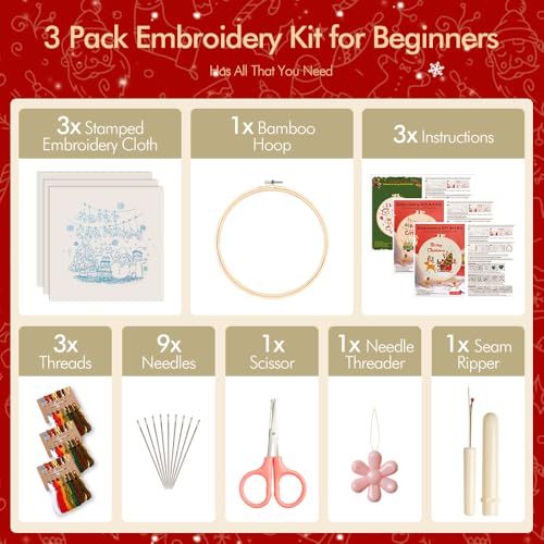Image of wtisan Christmas Embroidery Kit, Cross Stitch Kits for Beginners, Needlepoint with All Tools & Instructions, Stamped Hand Embroidery Starter Kit for Holiday Crafts & Xmas Home Decor, W13