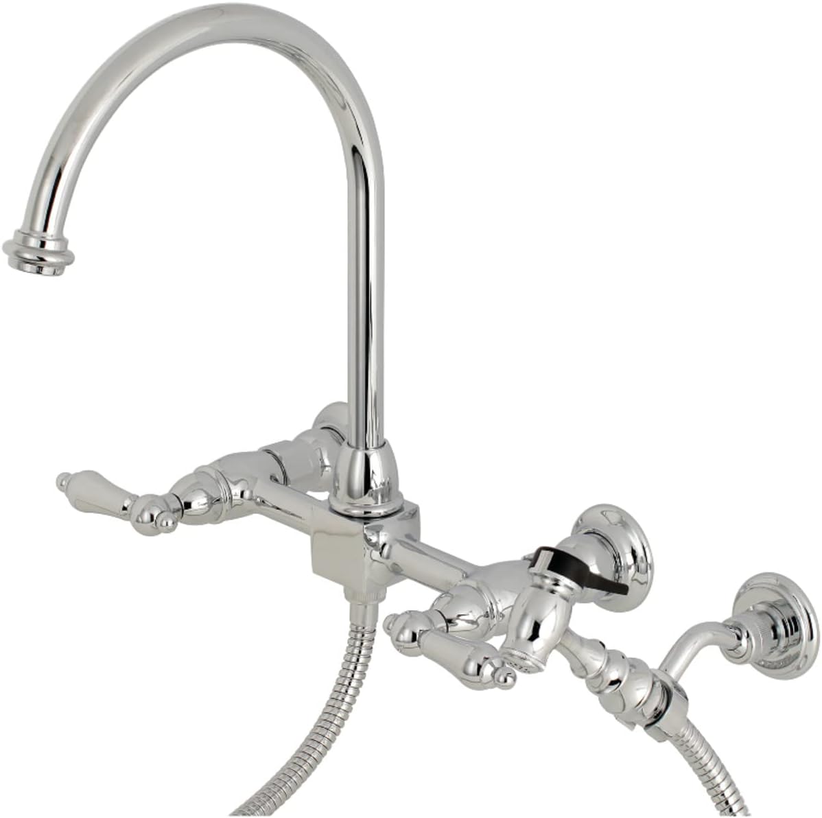 Kingston Brass KS1292ALBS Restoration Wall Mount Bridge Kitchen Faucet with Brass Sprayer, Polished Brass