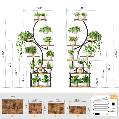 BACEKOLL Plant Stand Indoor with Grow Light - 2 Pack Tall Indoor Plant Shelf, 62" Corner Plant Holder, 8 Tiered Large S-Shape Flower Multiple Display Shelves for Home, Office