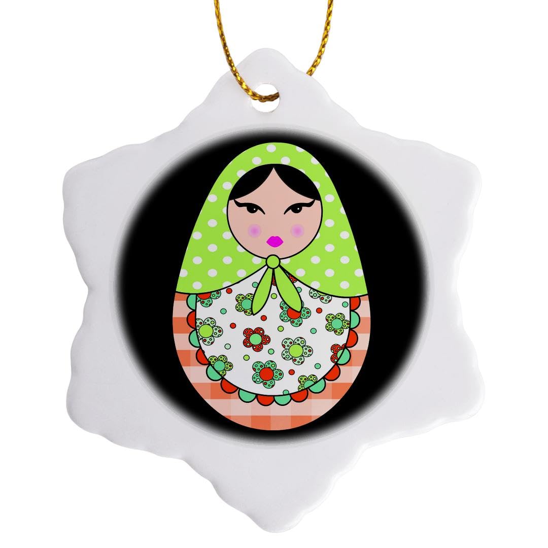 3 inch Snowflake Porcelain Ornament - Cute Russian Matryoshka Nesting Doll Black Hair - Warm Colors Black Designs Dolls
