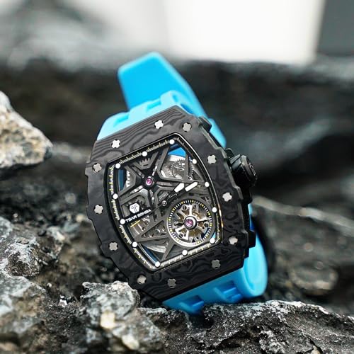 Image of TSAR BOMBA Men's Automatic Watch Tonneau Luxury Skeleton Watches for Men Mechanical 50M Waterproof Analogue Watches Mens Unique Cool Square Big Face Dial Wristwatch with Silicone Strap Band