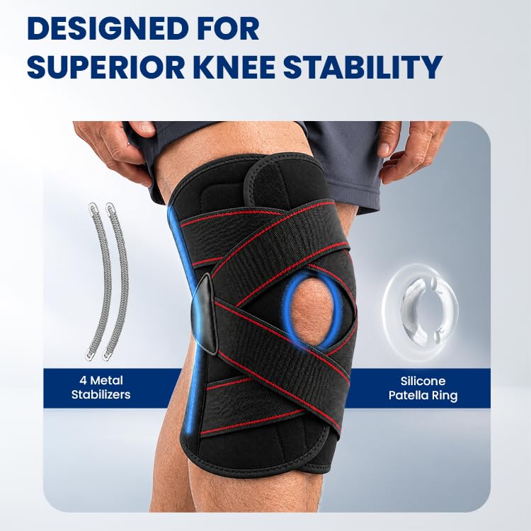 Image of AGEasy (Max Group) Adjustable Knee Brace with 4 Metal Stabilizers & Silicone Patella Support Ring | Knee Support for Gym, Sports, Travel, Walking, Running, Arthritis, Joint Pain & Post-Surgery Recovery | Knee Cap for Men & Women | Universal Fit (1 Piece)