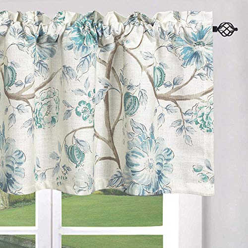 Leeva Kitchen Valances for Windows, Rod Pocket Watercolor Floral and Branches Design Elegant Drapes Valance for Bedroom, One Panel, 52 x 18, Blue