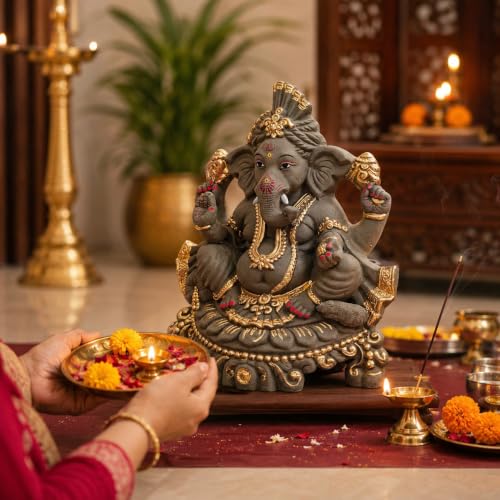 Image of 12 Inches. Big Clay Ganesha Idol, Mitti Ganpati Statue for Visarjan at Home, Water Soluble Clay Idol for Ganesh Chaturthi (Grey Golden)
