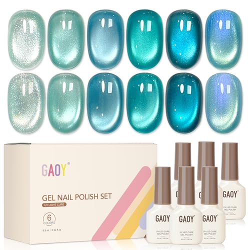 GAOY Blue Cat Eye Gel Nail Polish Kit with Magnet 6 Colors Glassy Glitter Holographic Nail Polish Set UV Cure Gel for DIY Manicure at Home Blue Mirage