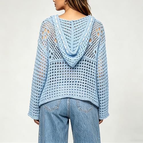 Image of Women's American Flag Crochet Sweater Long Sleeve Hollow Out Lightweight Knit Hoodie 2026 Summer Beach Cover Up Tops