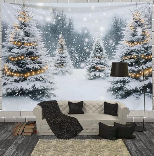 Tapiz de árbol de Navidad con luces para crear un bosque nevado en tu dormitorio