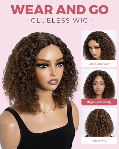 Style Icon Brown Short Curly Bob Wigs Human Hair Glueless Wig for Black Women 10 inch Middle Part Lace Deep Curly Bob Wig Non Lace Front Wig (Color: P4/30/27) - Image 3