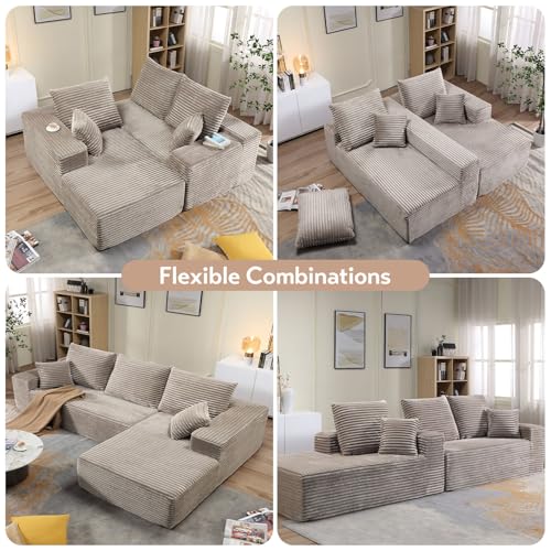 Image of 107.5 inch W Modular Sectional Sofa, Upholstered Corduroy Cloud Couch with Deep Seat, Modern 3-Seater L-Shaped Sofa for Living Room, No Assembly Required (Camel, Right-Facing Chaise)