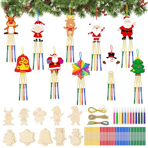 Mispudin 15 Piezas Kits de Campanillas de Viento de Madera de Navidad, Campanas de Viento de Madera Navideñas de Bricolaje, Navidad Manualidad para Pintar, Decoración Invierno Fiesta