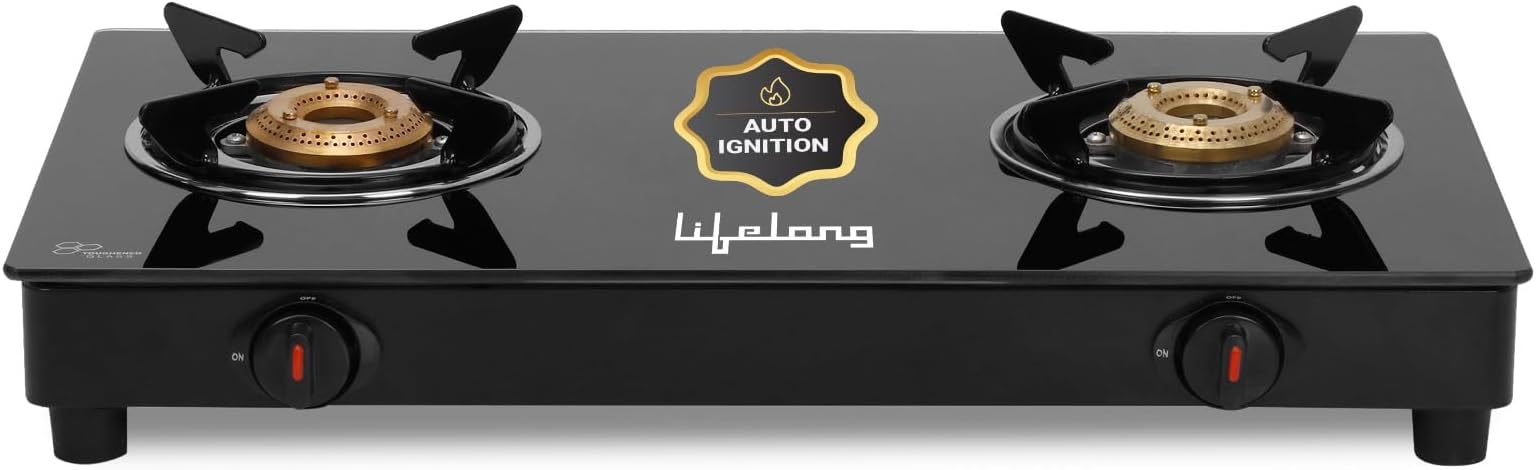 Lifelong LLGS912 2 Burner Auto Ignition Gas Stove with 6mm Tempered Glass Lid, Auto Ignition (Door Service, 1 Year Warranty, Black) - Ignition