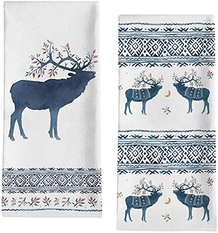 Seliem Winter Reindeer Decorative Kitchen Dish Towel, Watercolor Blue Boho Bath Fingertip Towel Tea Bar Hand Drying Cloth, Seasonal Farmhouse Christmas Holiday Decor Home Decorations 18” x 28”
