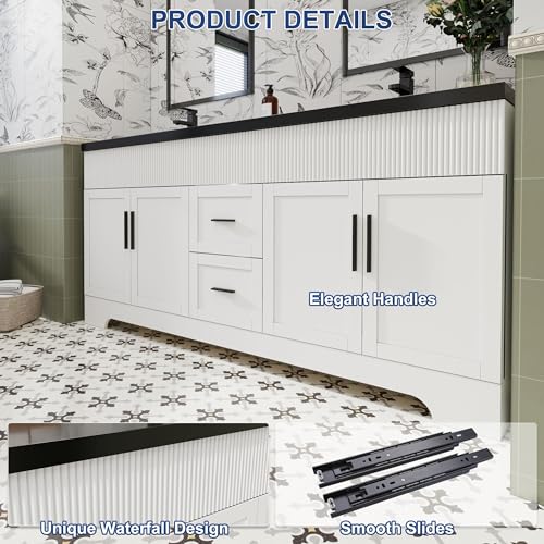 Image of eclife 72 inch Bathroom Vanities Sink Combo with Painted Surface, Modern Drawered Cabinet W /Decorative Wave Lines, Undermount Double Black Sink, Matte Black Faucet Drain, White