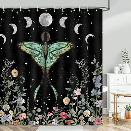 Mocsicka Gothic Witchy Moth Shower Curtain Moon Phase Teal Floral Moth Bathroom Shower Curtain Mystic Night Butterfly Waterproof Fabric Bathtub Curtain Decor with 12 Hooks 72 X 72 Inches