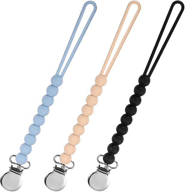 3 Pcs Silicone Dummy Clips, Pacifier Clips with Stainless Steel Clasp Soother Chains Holder for Newborn Boys Girls Essentials Baby Shower Clips