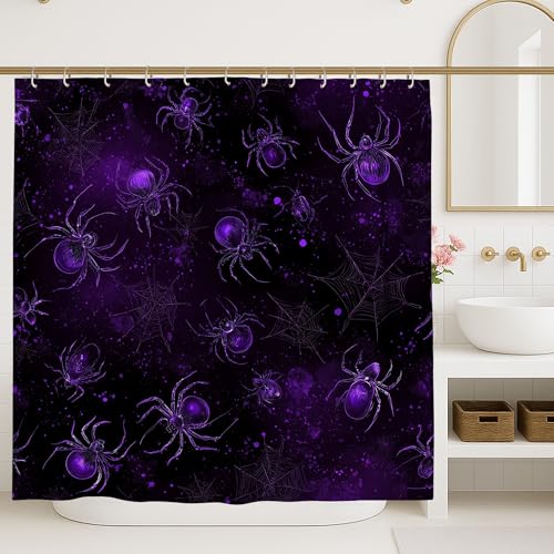 Tenda da doccia con ragno di Halloween, decorazione da bagno viola nera, design moderno autunnale spettrale, tenda da doccia in tessuto impermeabile con ganci, 183 x 213 cm