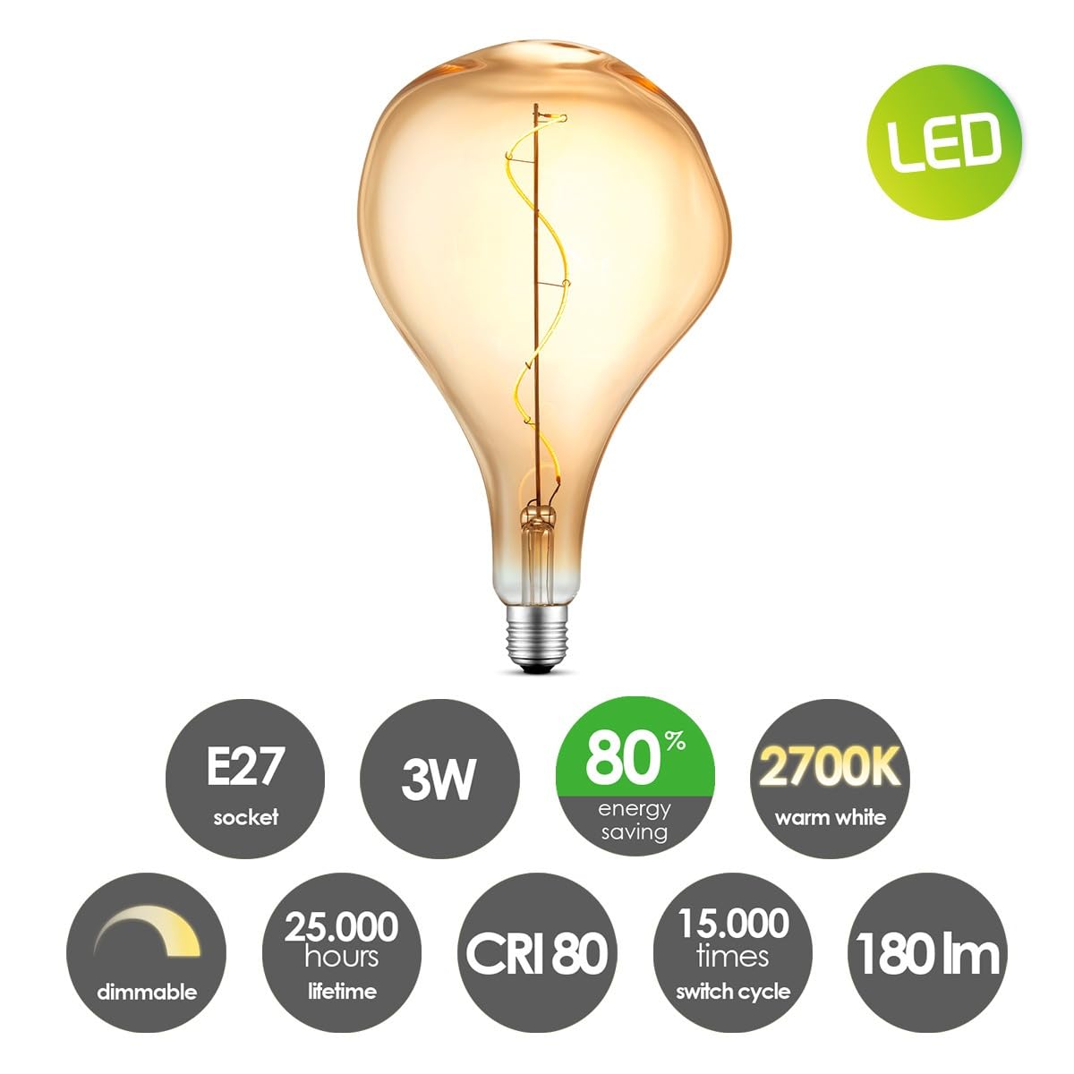 Home Sweet Home Edison Vintage E27 | LED-Filament-Leuchtmittel Flex | Blown LED-Lampe | Ambra | Dimmbar | 3W 180lm 2700K | warmweißes Licht | für E27-Fassungen