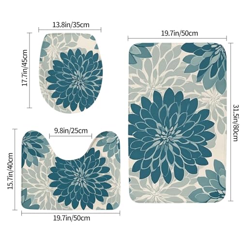 Alfombrillas de baño turquesas de dalias con 3 piezas de microfibra 3