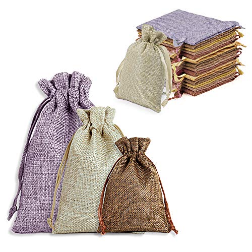BSET BUY 25 Stück Sackleinen Taschen Baumwolle Säckchen 23 * 17cm18*13cm14.5 * 10cm Kleine Stoffbeutel Baumwolle Säckchen mit Kordelzug 5 Farbe 3 Größe mit Jute-Kordelzug für Geschenktüten