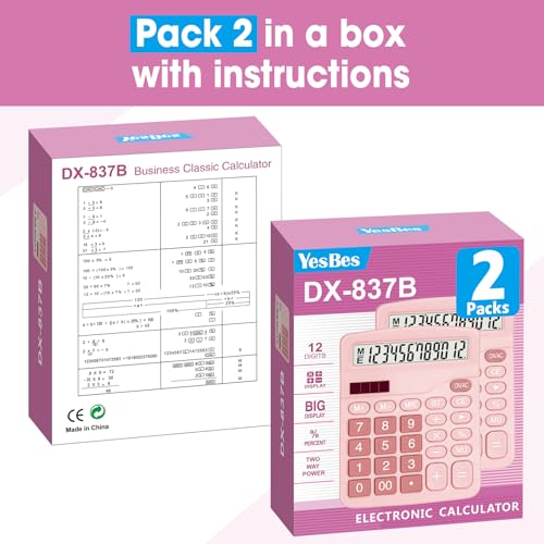 Image of 2 Pack Calculator, Pink Calculators Desktop 12 Digits with Large LCD Display and Sensitive Butto, Solar and Battery Dual Power, Desk Calculator