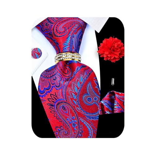 Image of 5PCS Tie and Pocket Square for Men, Silk Necktie and Handkerchief Cufflinks with Gold Ring and Lapel Pin Set