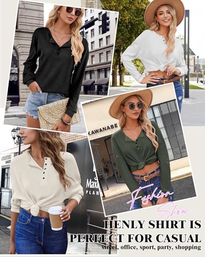 Image of AURUZA Long Sleeve Shirts for Women Henley Shirts Waffle Knit Tops Casual Loose V Neck Tunic Tops Fall Outfits Waffle TShirt