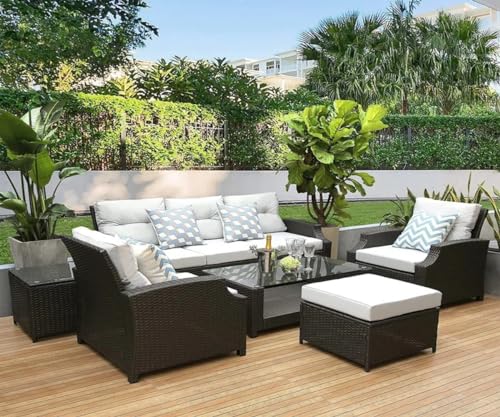 Image of 6PCS Outdoor Patio Furniture Sets,Garden Conversation Wicker Sofa Set,and Patio Sectional Furniture Sofa Set with Coffee Table for Lawn, Backyard, and Poolside (Black and Offwhite)