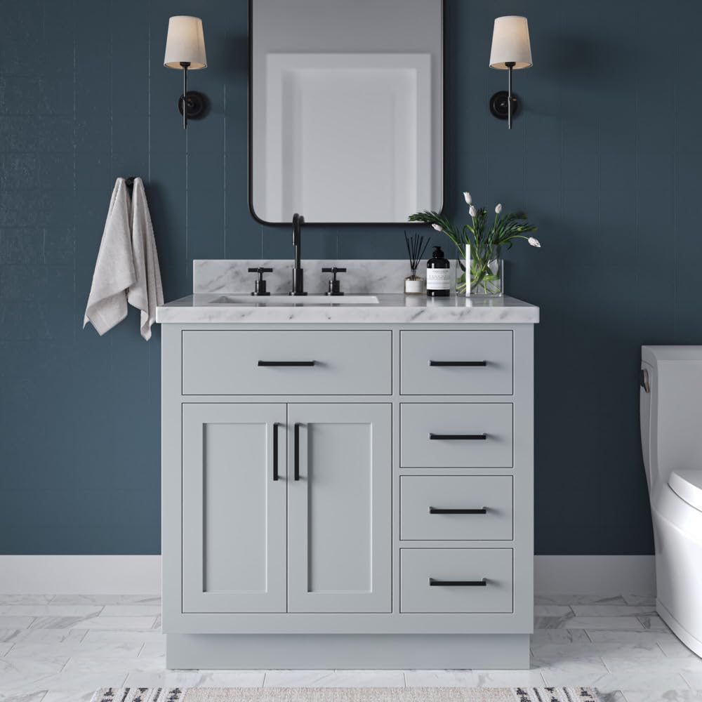 ARIEL 37" Grey Bathroom Vanity 1.5" Edge Italian Carrara Marble Countertop & Splash, Left Rectangular Sink, 2 Soft Closing Doors, 5 Full Extension Dovetail Drawers, Toe Kick, Matte Black