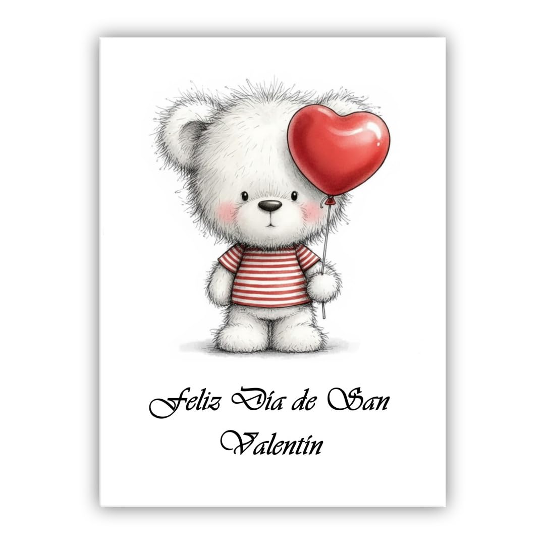 Multilingual Valentine’s Day Card – Cute Bear with Heart Balloon – Romantic Greeting Card for Husband, Wife, Boyfriend, Girlfriend (• Spanish: Feliz Día de San Valentín)