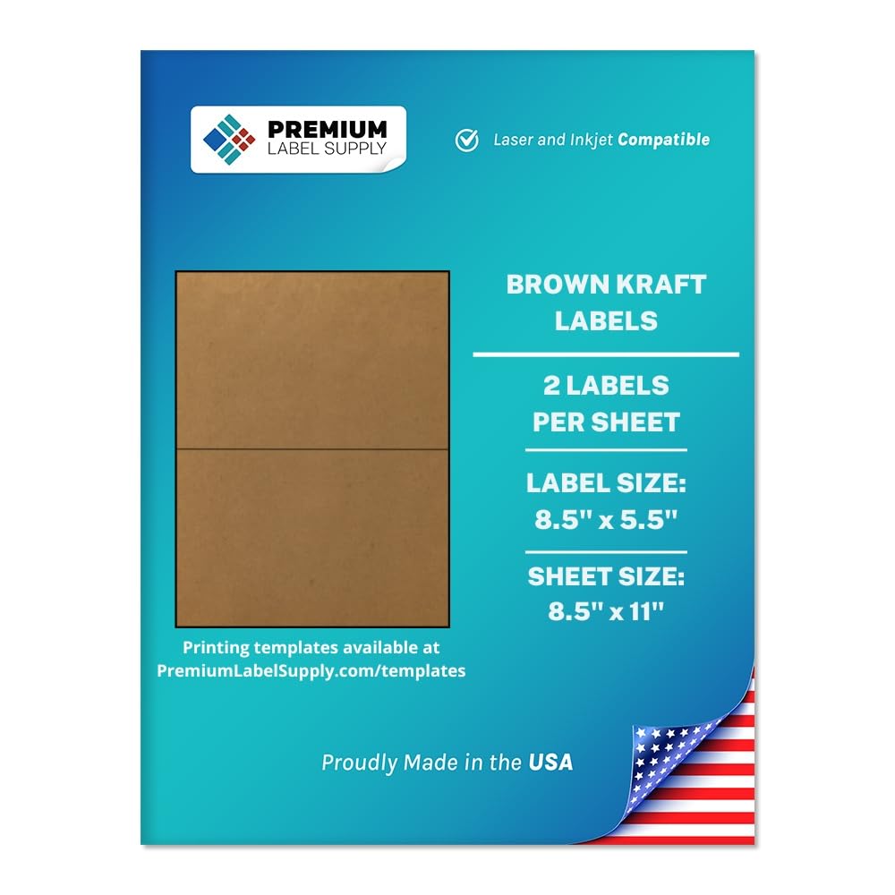 Premium Label Supply Brown Kraft Sticker Labels – 8.5” x 5.5" – Laser/Inkjet Compatible – (2 Labels/Sheet), 100 Sheets – 200 Total Adhesive Labels
