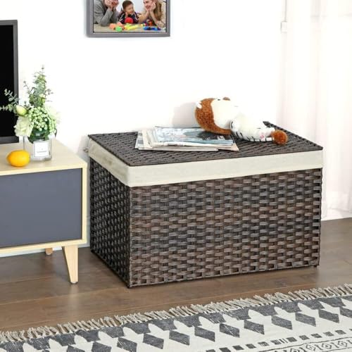 SONGMICS Storage Basket with Lid, Woven Blanket Storage Bin with Handles, Foldable, Removable Liner, Metal Frame, for Bedroom, Laundry Room, 42.3 Gallons (160 L), Brown URST76BR by SONGMICS - Image 7