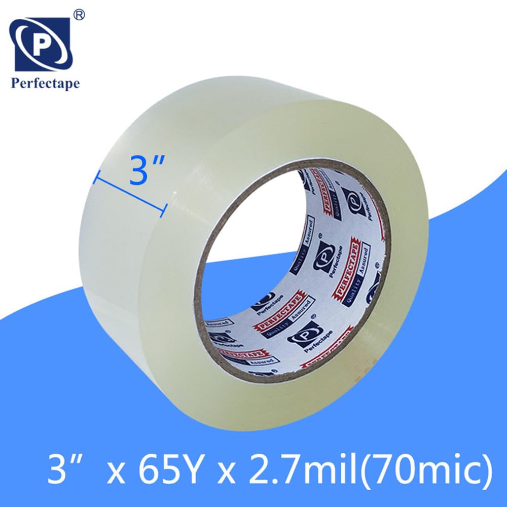 PERFECTAPE - Cinta de embalaje resistente de 3 pulgadas, 1 rollo con pistola de cinta de 3 pulgadas, transparente, 2.7 mil, 3 pulgadas x 65 yardas