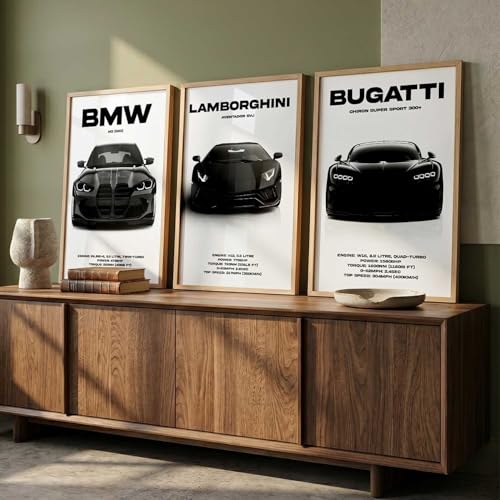 Image of HOTHOUSE Big BMW M3, Lamborghini Aventador, Bugatti Chiron Cars Framed Posters Gift Items for Boys Room Wall Decoration | Car Poster Frame for Wall Decor Set Of 3 Size (19 X 25 inch)