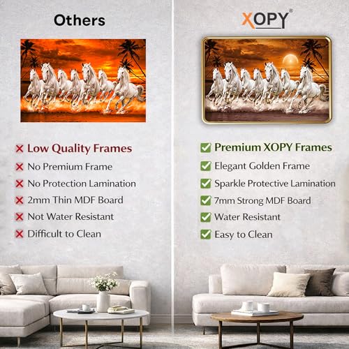 Image of XOPY Seven Running Horses with Golden Frame | Vastu 7 horses Raw Pyrite Painting for Home, Office & Living Room Wall Decore | 12X18 Inch Sparkle Laminated Frame | Best For Gifting (53320, 12X18)
