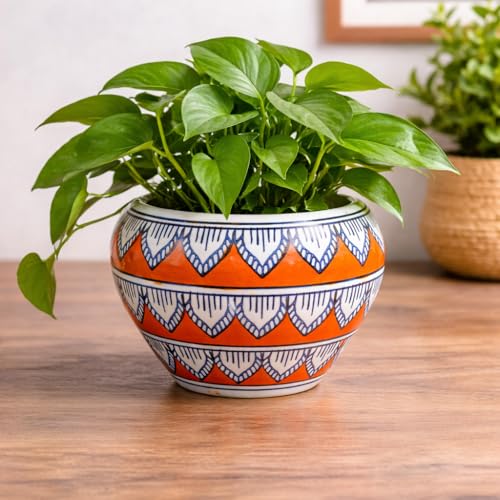 Image of Niyara Hand-Painted Ceramic Planter Pot | Decorative Indoor Flower Pot for Home & Office | Round Designer Bowl Planter | Tabletop Plant Holder (Orange & White)