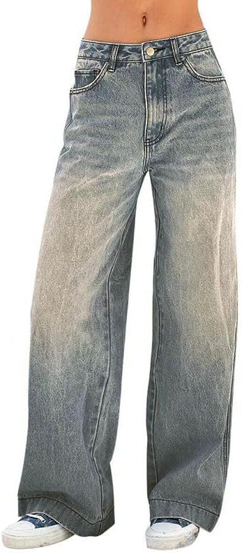 EMMIOL Women's 2025 Wide Leg Jeans Distress Mid Waist Denim Pants Vintage Y2K Trousers