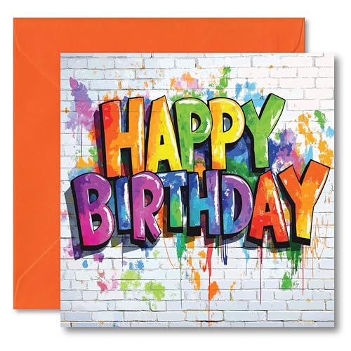 Graffiti Style Happy Birthday Greetings Card - Inside reads: Have an awesome day! - Includes Orange Coloured Envelope - Made in the UK