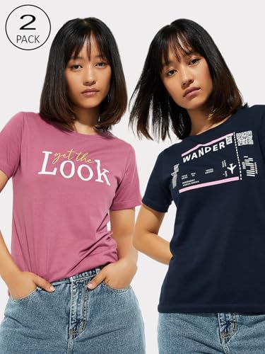 Image of Max Women's Cotton Regular Fit URB N Graphic Printed T-Shirt - Pack of 2