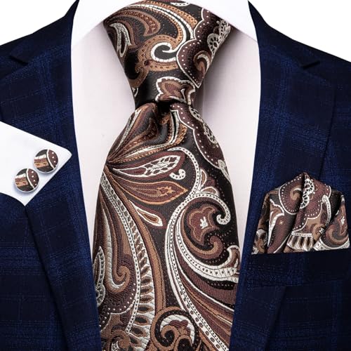 Image of Hi-Tie Men Ties Sets Silk Stripe Paisley Necktie Pocket Square Cufflinks for Business Wedding