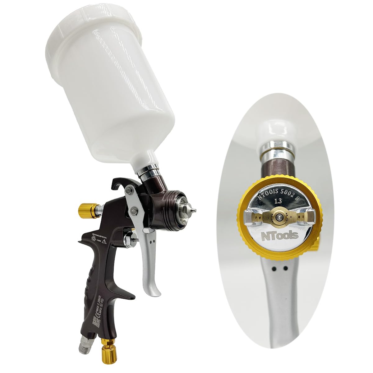 HVLP - Pistola a spruzzo, 1,3 mm, 1,5 mm, 1,7 mm, ugello in acciaio inox, capacità 600 ml, spruzzatore professionale per vernice a gravità, per primer e vernici (1,4 mm, 1,7 mm, 2,0 mm)