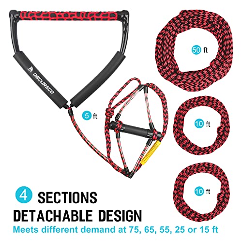 Obcursco 75ft Wakeboard Rope, Tow Rope for Tubing, 4 Sections Watersport Rope with EVA Handle for Wakeboard, Water Ski and Kneeboard (Red and Black)
