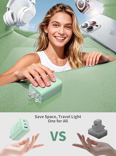 Image of 65W GaN Fast Charger Block,3-Port USB C Wall Charger,Compact Foldable Design, Compatible with iPhone 16 /15 Series,Galaxy S25 /S24 Ultra(Green)