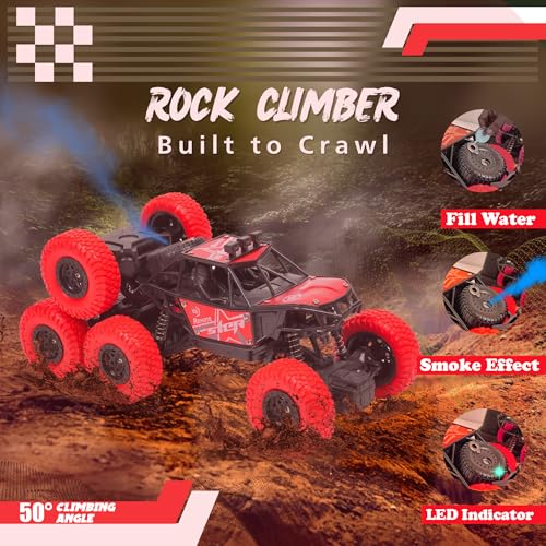 Image of Gooyo GY-104SP Hi-Speed Rechargeable Remote Control Rock Crawler Car with Smoke | 8 Tyres Monster Truck with Spray | 4x4 Off-Road RC Car Toy | Red | in-Built Battery | Gift Box Packaging